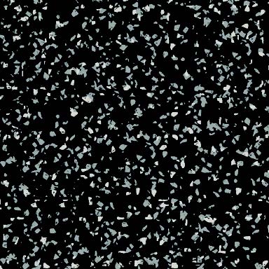 The Fitness Flooring High Performance 23 x 23 Rubber Interlocking Tile features a black surface with white and light gray terrazzo-like specks, ideal for gym floors and fitness spaces.