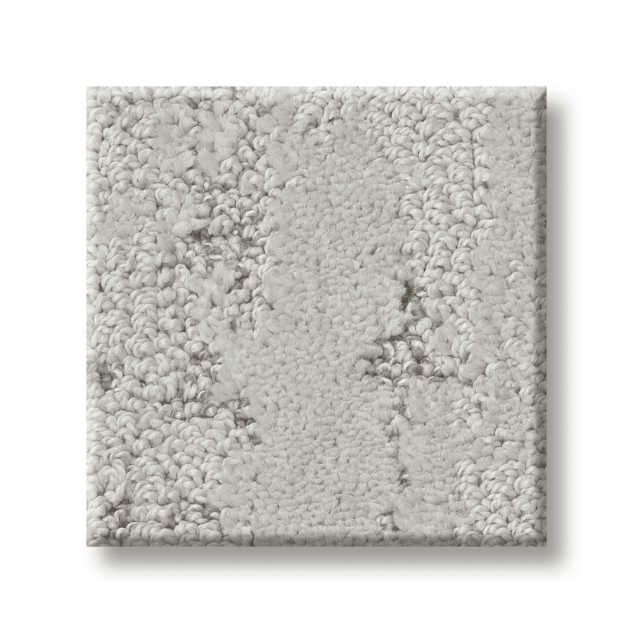 A square sample of Tranquil Spirit Pet Friendly Carpet in light gray, featuring a matte base and a mix of tight and loose loops for a soft, plush texture. The sample is shown against a plain white background.