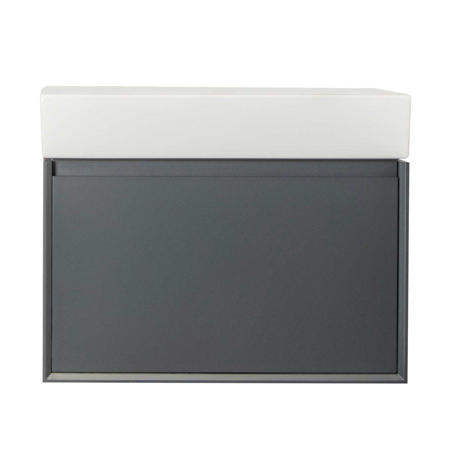 The Gala 30" Vanity features a modern wall-mounted design with a white rectangular sink atop a dark gray cabinet with soft-close drawers, displayed against a white background.
