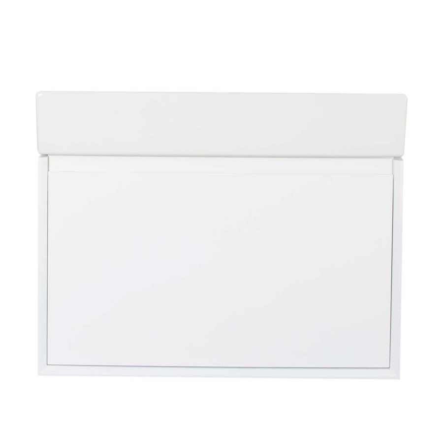 The Gala 30" Vanity is a white rectangular wall-mounted piece with clean lines, top lid-style counter, and front drawer slot, echoing modern design, shown against a plain white background.
