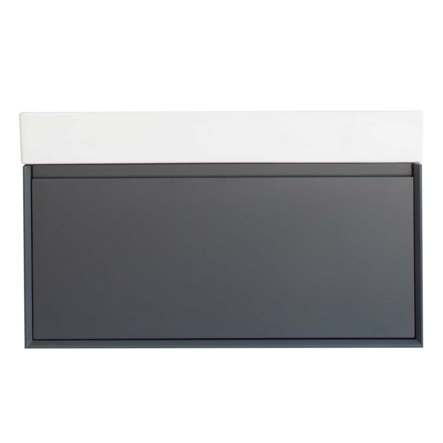 The Gala 39" Vanity features a sleek rectangular black design with a smaller white section along the top edge, seen from above on a white background—ideal for modern bathrooms with stylish soft-close drawers.