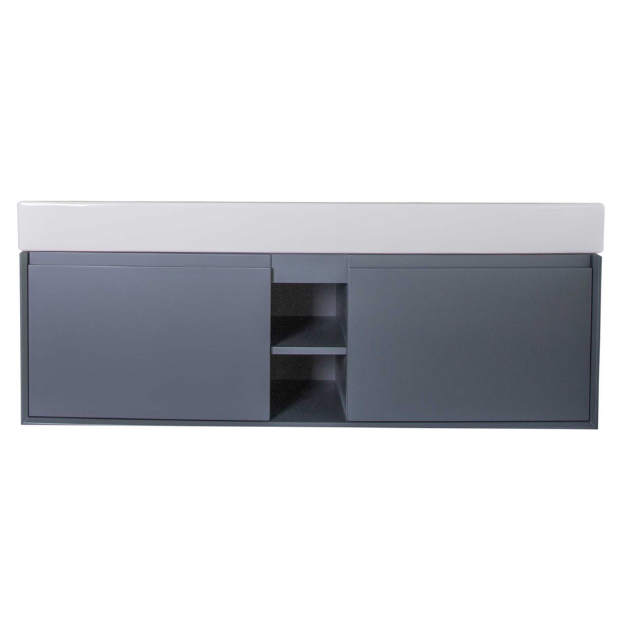 The Gala 60" Vanity provides stylish bathroom storage with a sleek white rectangular sink, dark gray cabinet, two sliding doors, and open center shelving.