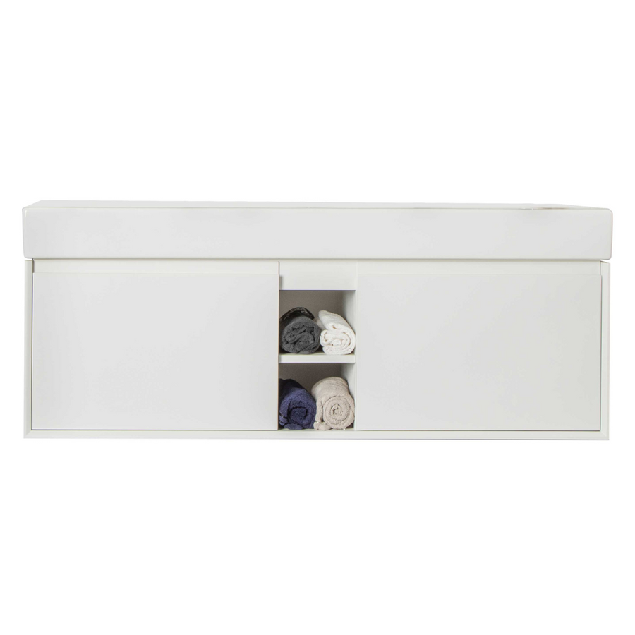 The Gala 60" Vanity is a modern white storage bench with a cushioned seat, sliding doors, and open cubbies—ideal for bathroom storage and perfect for keeping neatly rolled towels in white, gray, and navy blue.