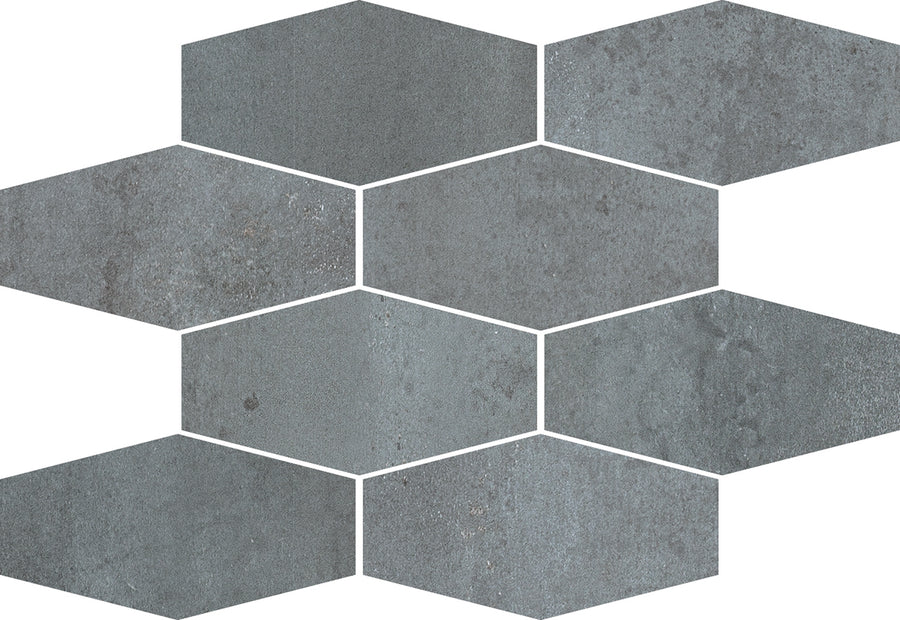 Platform 11.5x8.5 Elongated Hexagon Mosaic Tile features gray hexagons in a staggered layout with visible grout lines and a lightly textured, stone-like finish that mimics aged metal for an industrial, modern look.