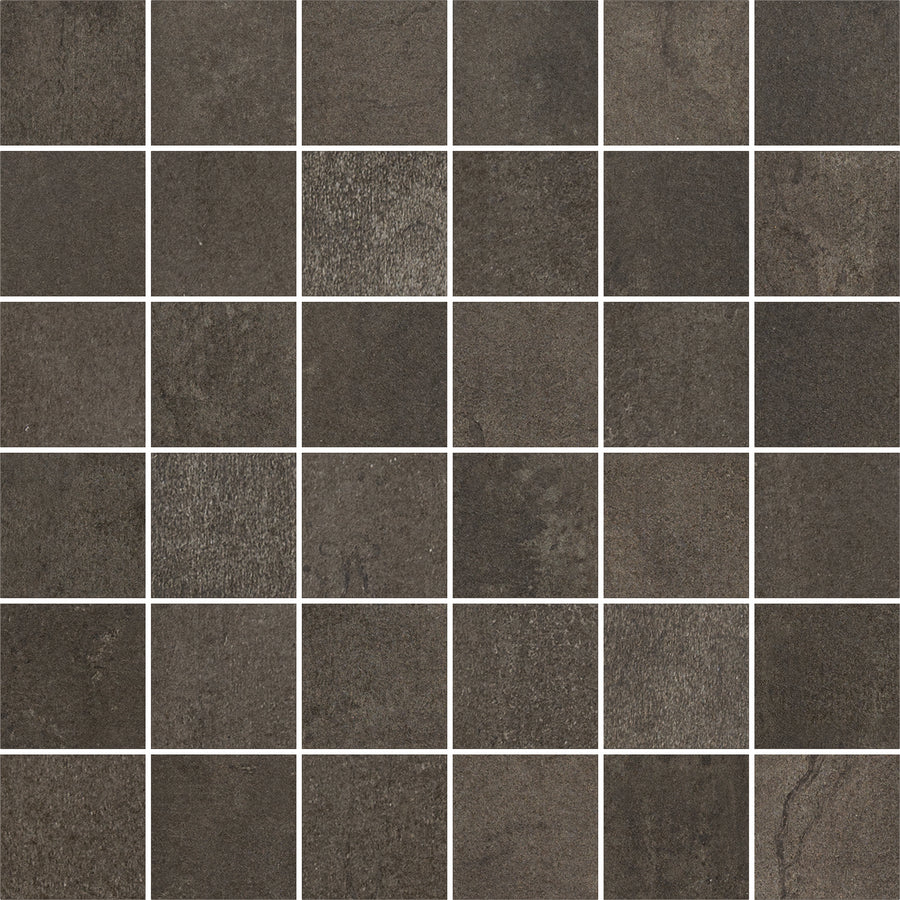 Platform 2x2 Mosaic Tile features dark brown, square tiles with a rich color palette and subtle texture variations, separated by thin white grout lines. The tiles have a matte finish and resemble ceramic or stone.