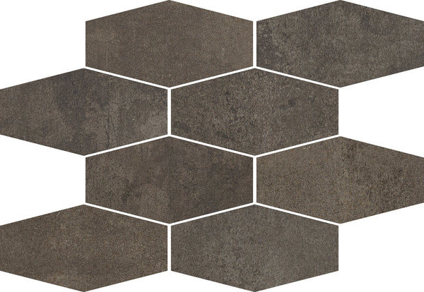 Platform 11.5x8.5 Elongated Hexagon Mosaic Tile features dark brown, metallic-look hexagons arranged in a staggered honeycomb pattern, with defined grout lines creating a striking geometric design.