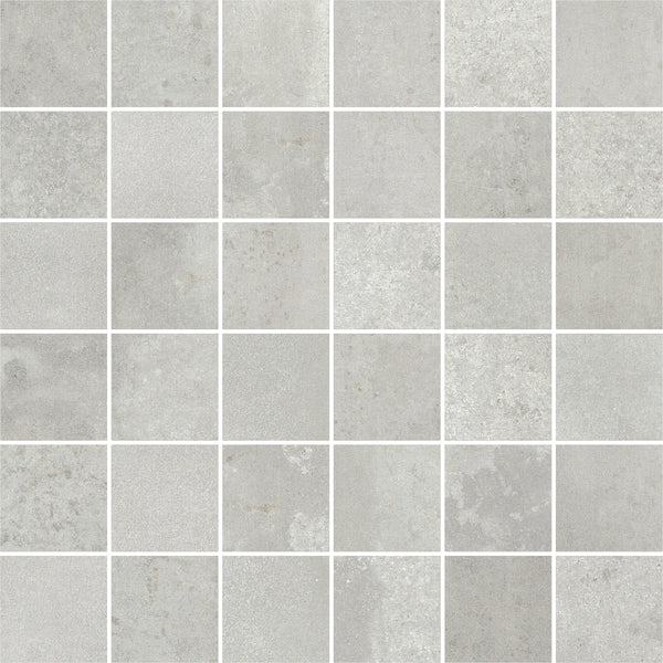 Platform 2x2 Mosaic Tile features light gray square tiles with subtle texture and shading, a metallic finish, and uniform white grout lines, creating a sleek, modern grid pattern.