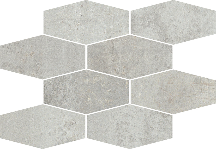 The Platform 11.5x8.5 Elongated Hexagon Mosaic Tile features staggered, gray hexagons with a metallic look and concrete texture, creating a modern geometric mosaic perfect for contemporary spaces.