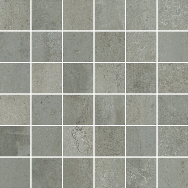 Platform 2x2 Mosaic Tile features square gray tiles with subtle texture and shade variations, separated by thin white grout lines for a uniform, minimalist look reminiscent of aged metal.