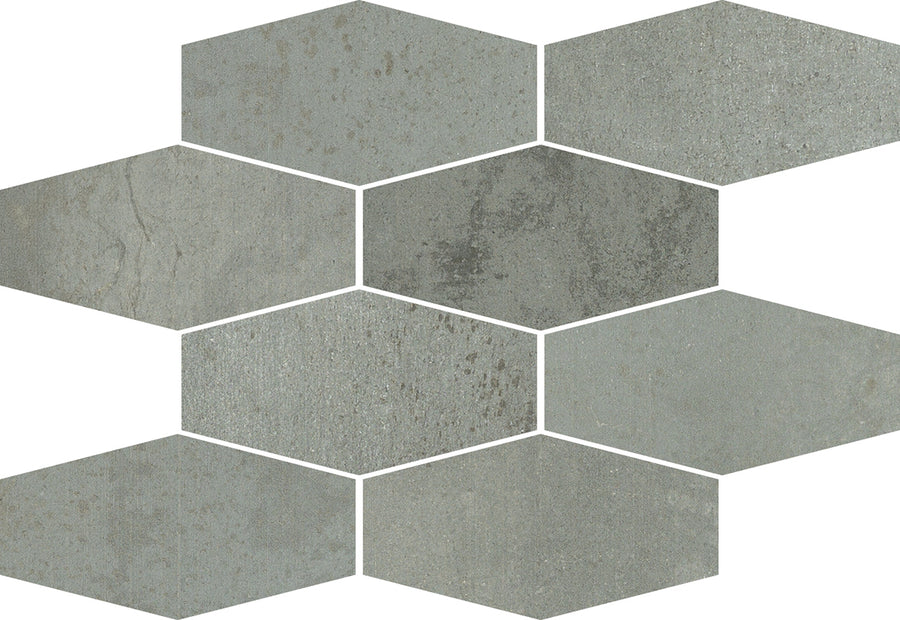 Platform 11.5x8.5 Elongated Hexagon Mosaic Tile features grey tiles with a weathered metal look and subtle textural variations, arranged in a staggered, honeycomb pattern for a modern geometric style.