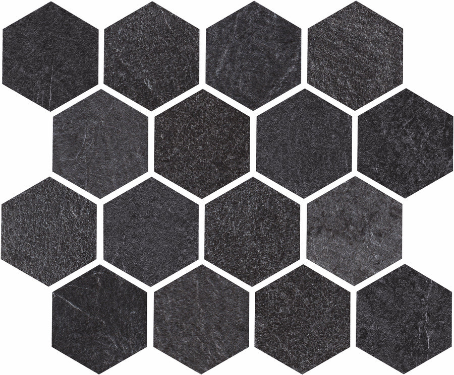 The Slide 3" Hex Porcelain Tile features dark gray hexagons with a subtle textured surface and slight shade variations, arranged in a honeycomb pattern on a white background—ideal for contemporary spaces.