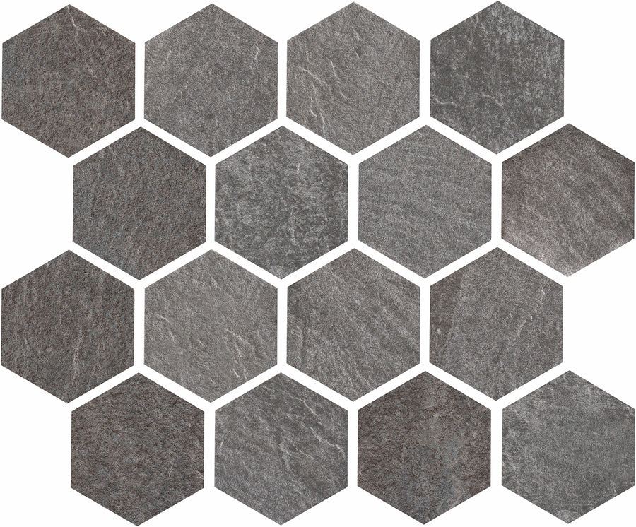The Slide 3" Hex Porcelain Tile displays a textured, stone-like gray surface with subtle shade variations. Its hexagonal shape creates a modern honeycomb pattern, perfect for adding a contemporary touch to any space.