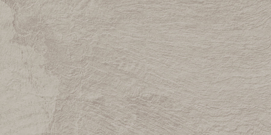 Slide 12x24 Porcelain Tile features a light gray textured surface with subtle wavy, irregular lines reminiscent of slate or concrete. Its varying gray shades offer a soft, organic look ideal for contemporary interiors.