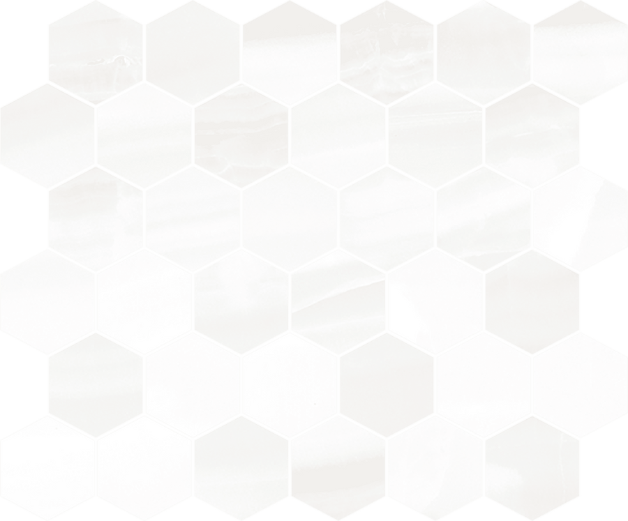 The Glam 2" Hexagon Mosaic Porcelain Tile features a white honeycomb design with a smooth, glossy finish and subtle light gray marbled veining throughout.
