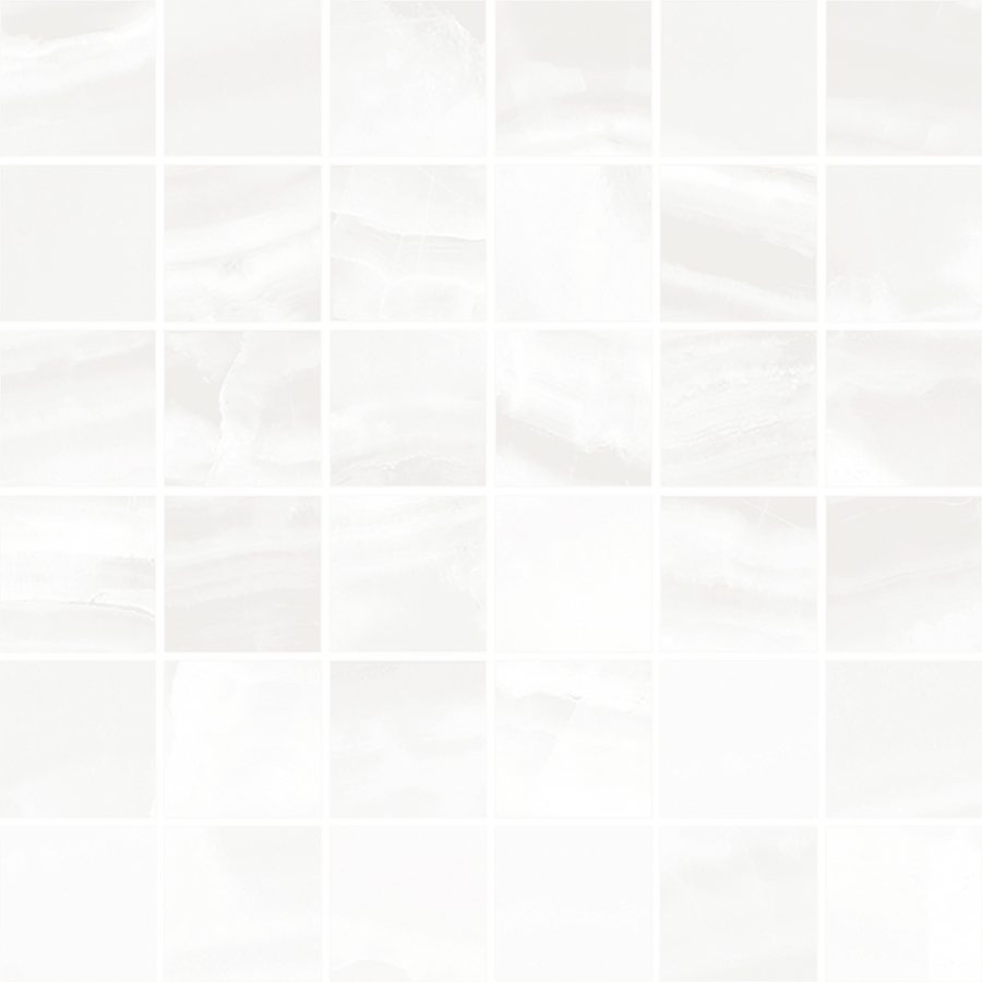A grid of Glam 2x2 Mosaic Porcelain Tile features glossy white tiles with elegant grey veining, arranged in a 6 by 6 pattern for a clean, refined look perfect for any space.