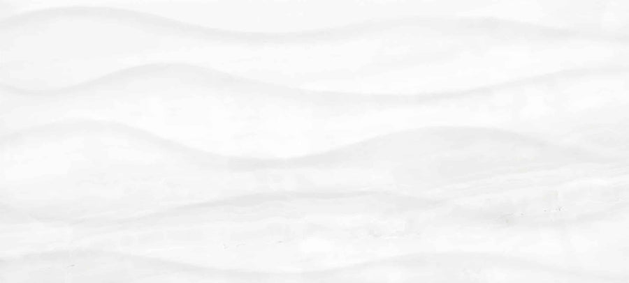 The Glam 10x22 Onda Deco Glossy Porcelain Tile features a white textured surface with wavy horizontal lines, adding a smooth, minimalist elegance to any space—ideal as a floor or wall tile.