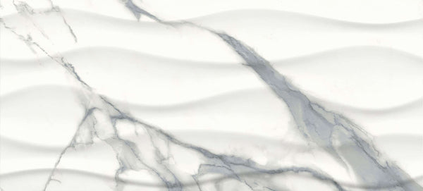 The Glam 10x22 Onda Deco Glossy Porcelain Tile features a white marble look with soft gray veins and a horizontal wavy embossed texture, adding depth and sophistication—perfect for elevating any wall space.
