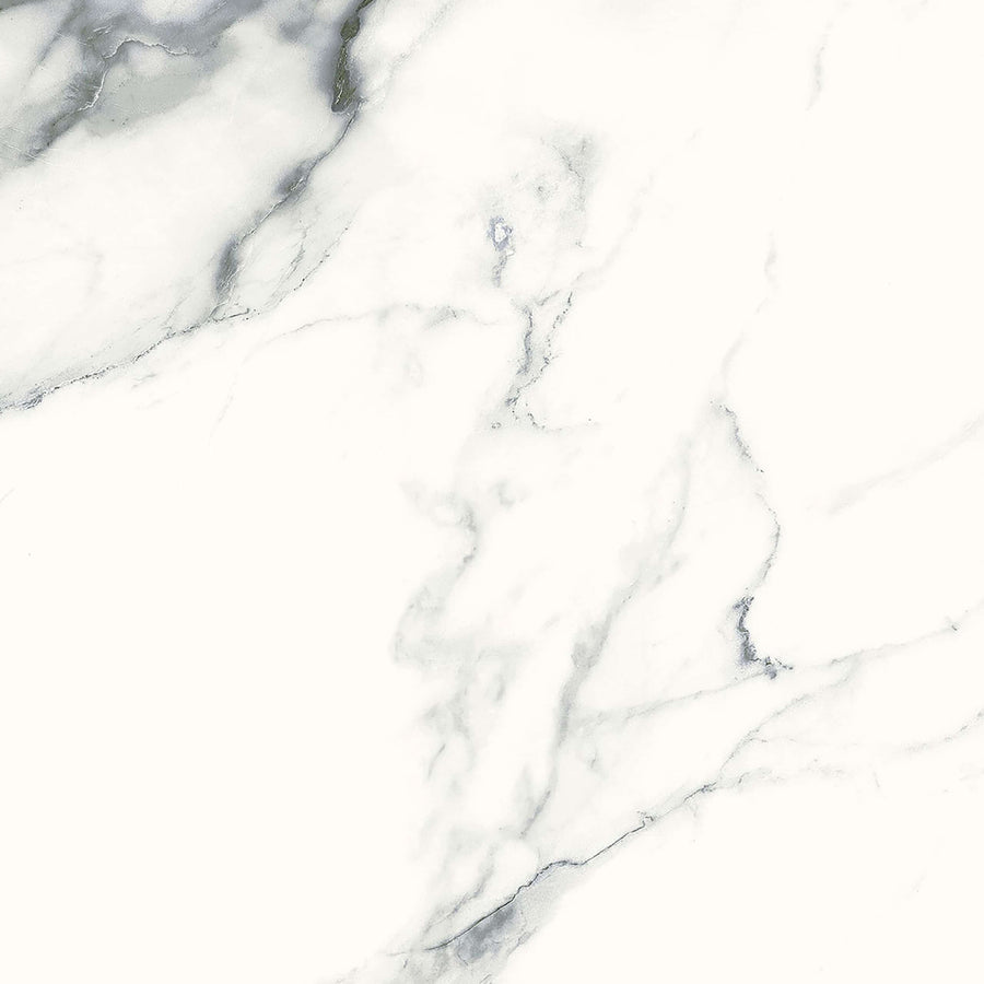 Glam 12x12 Matte Porcelain Tile features a white surface with natural gray veining running diagonally, creating a smooth, elegant look. Perfect for wall applications, it highlights the organic flow and sophisticated style of marble.