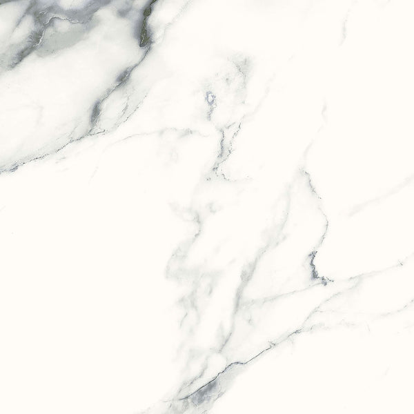 Glam 12x12 Matte Porcelain Tile features a white surface with natural gray veining running diagonally, creating a smooth, elegant look. Perfect for wall applications, it highlights the organic flow and sophisticated style of marble.