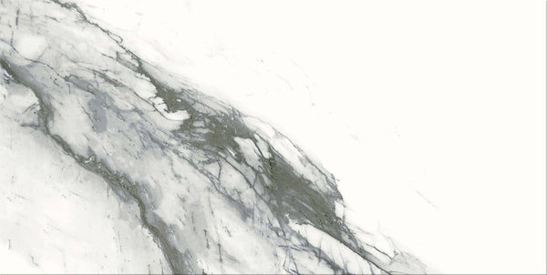 The Glam 12x24 Matte Porcelain Tile features white marble-look porcelain with elegant gray and black veining, including a bold diagonal dark streak, creating a sophisticated pattern perfect for floor or wall applications.