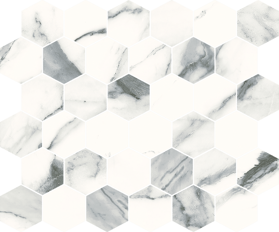 The Glam 2" Hexagon Mosaic Porcelain Tile showcases a marble pattern with white and gray tones, elegant veining, and a honeycomb layout for a modern geometric style—perfect for enhancing walls or floors.