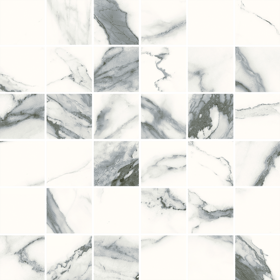 A grid of Glam 2x2 Mosaic Porcelain Tiles features square white wall tiles with elegant gray and black marble veining, creating a seamless, sophisticated, and textured appearance.