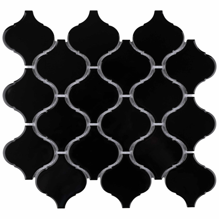 The Metro Lantern Mosaic Tile features a black geometric porcelain design in a repeating pattern, each tile outlined by thin light gray grout lines—ideal as an eye-catching option for both floor and wall installations.
