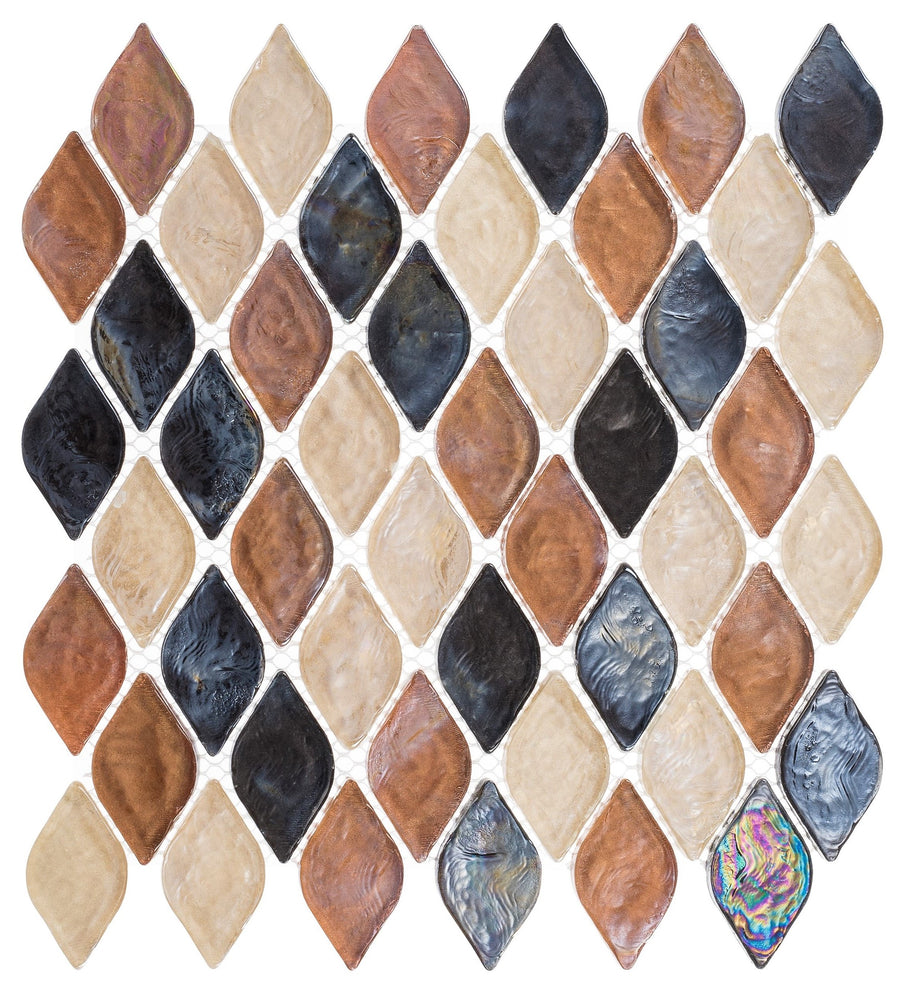 The Aquatica Mosaic Glass Tile features diamond-shaped tiles in brown, beige, black, and blue plus a multicolored iridescent tile in the bottom right, all arranged in a grid on a white background.