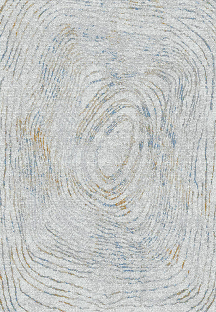 The Gold 1350 Area Rug features an abstract wood grain or topographic pattern in gray, blue, and gold concentric rings on a textured white background—an ideal contemporary accent for modern spaces.