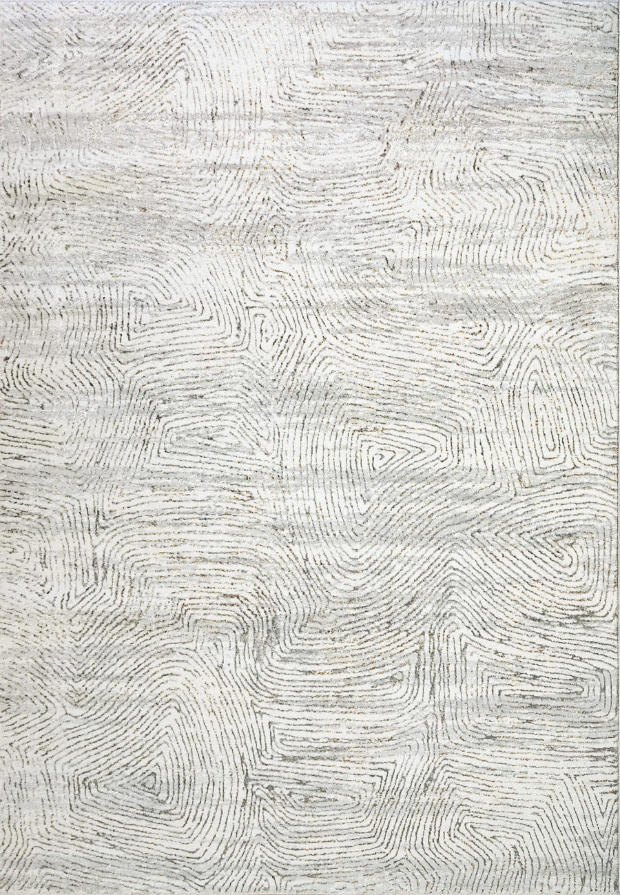 The Gold 1351 Area Rug features irregular, wavy maze-like lines in neutral tones, creating a textured abstract pattern reminiscent of topographic contours or fingerprints on a light backdrop.