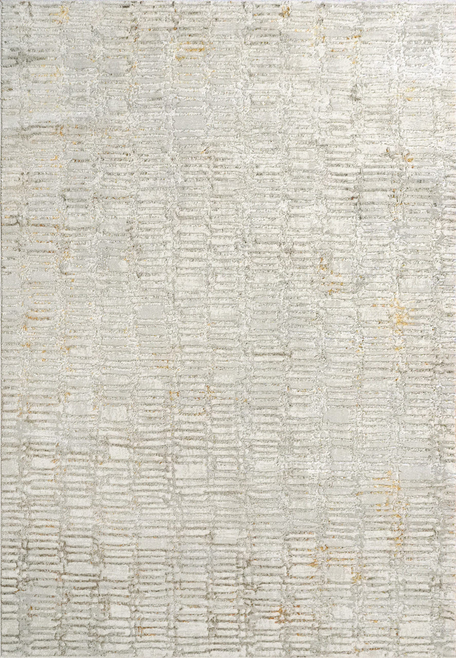 The Gold 1356 Area Rug from Turkey is a light gray, machine-made piece with a subtle grid pattern and beige accents, blending contemporary art style and a non-shedding design.