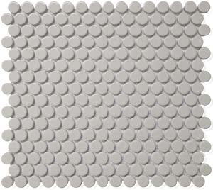 The Penny Round Glossy Mosaic Tile features small, round, light gray porcelain tiles in a square sheet with mesh backing, ideal for kitchen backsplashes or decorative wall and floor tiling.
