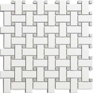 The Basketweave Matte Mosaic Tile features white rectangular tiles in a classic interlocking basketweave pattern, perfect for adding stylish geometric flair to kitchen backsplashes or elegant bathroom renovations.