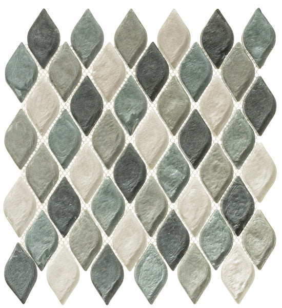 The Aquatica Mosaic Glass Tile features leaf-shaped tiles in a diamond pattern with gray, blue-green, and off-white tones, arranged in neat rows on a white mesh backing.