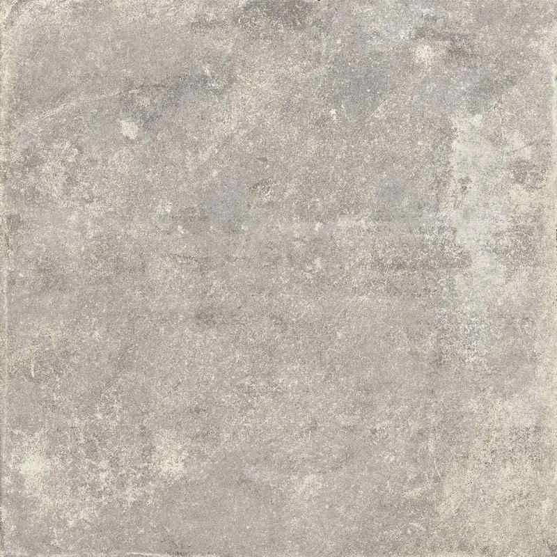 A close-up view of the Chateau 18x18 Porcelain Tile, showcasing its textured gray glaze with subtle color variations for a natural, slightly weathered look.