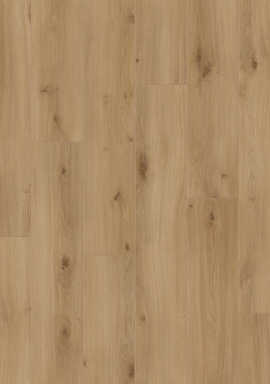 Guardian 7.5" Waterproof Laminate features wide, light brown planks with visible grain, natural knots, and shade variation. Laid in a staggered pattern, the durable laminate boasts smooth surfaces for a clean, stylish look.
