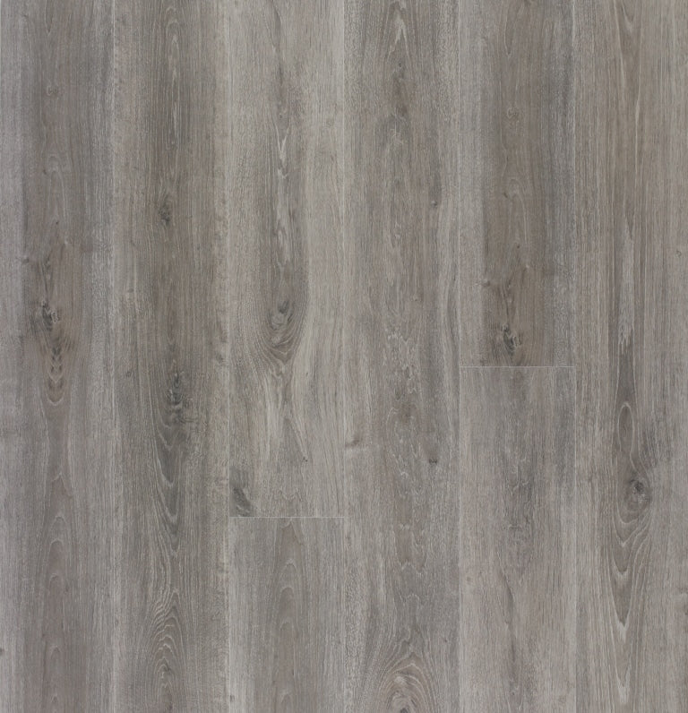 Guardian 7.5" Waterproof Laminate features gray wood-look wide planks with natural grain, subtle knots, and color variations. Aqua Protect technology provides realistic texture and ensures durable waterproof performance.