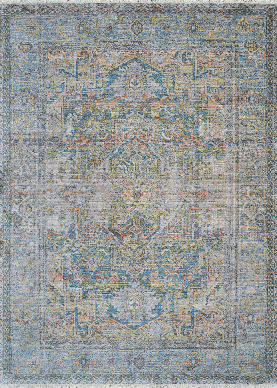 A close-up of the Halli Antique Lavar Area Rug, highlighting its intricate patterns and stylish transitional design.