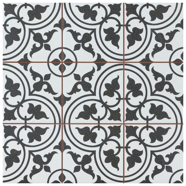 The Harmonia Classic 13x13 Patterned Tile features intricate black and white floral and geometric motifs in a symmetrical grid, accented by thin red lines at the edges, ideal for adding elegance to floors and walls.