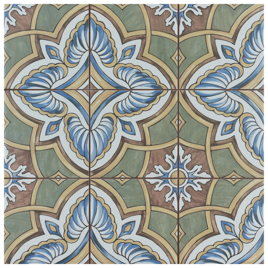 The Harmonia Grove 13x13 Patterned Tile features an intricate, symmetrical geometric design in brown, green, white, and blue, with floral and shell-like motifs arranged in a repeating pattern for floors or walls.