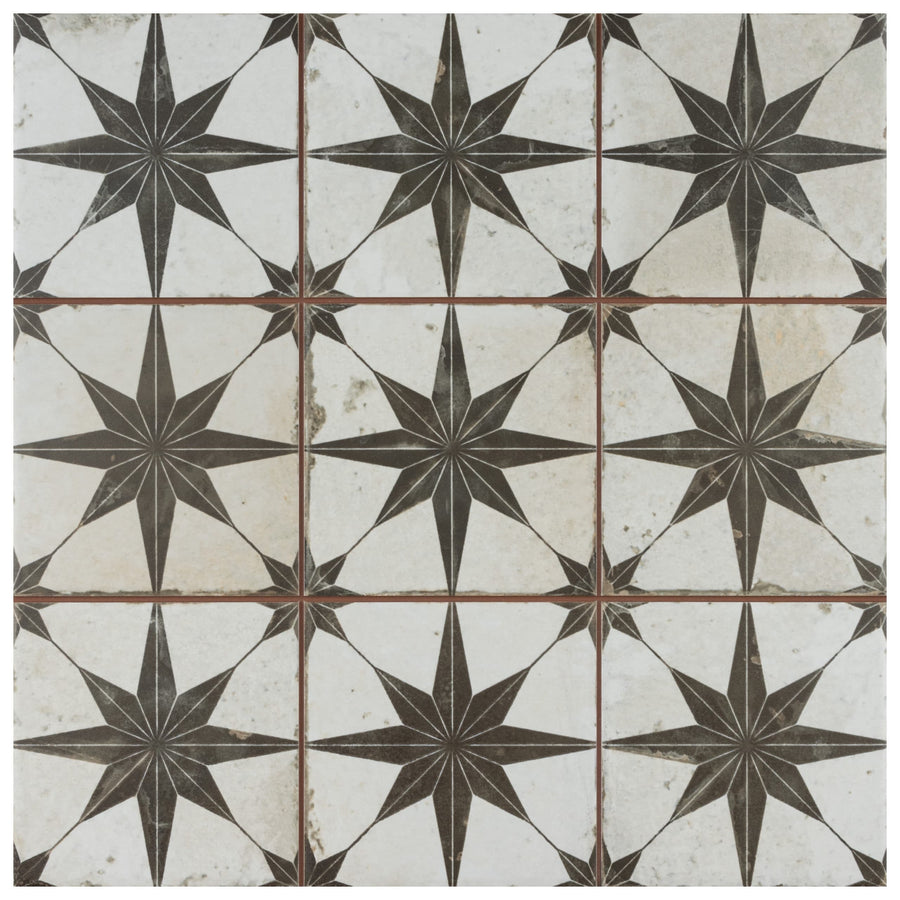 A grid of nine Harmonia Kings Star 13x13 Patterned Tiles features black eight-point star designs on a white background with intersecting edges, offering a slightly worn, vintage industrial look reminiscent of encaustic ceramic tiles.
