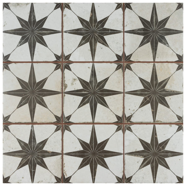A grid of nine Harmonia Kings Star 13x13 Patterned Tiles features black eight-point star designs on a white background with intersecting edges, offering a slightly worn, vintage industrial look reminiscent of encaustic ceramic tiles.