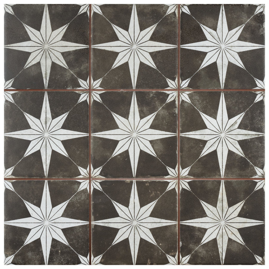 The Harmonia Kings Star 13x13 Patterned Tile features a grid of nine dark tiles with white, eight-pointed stars, forming a vintage-style geometric encaustic motif for floors or walls.