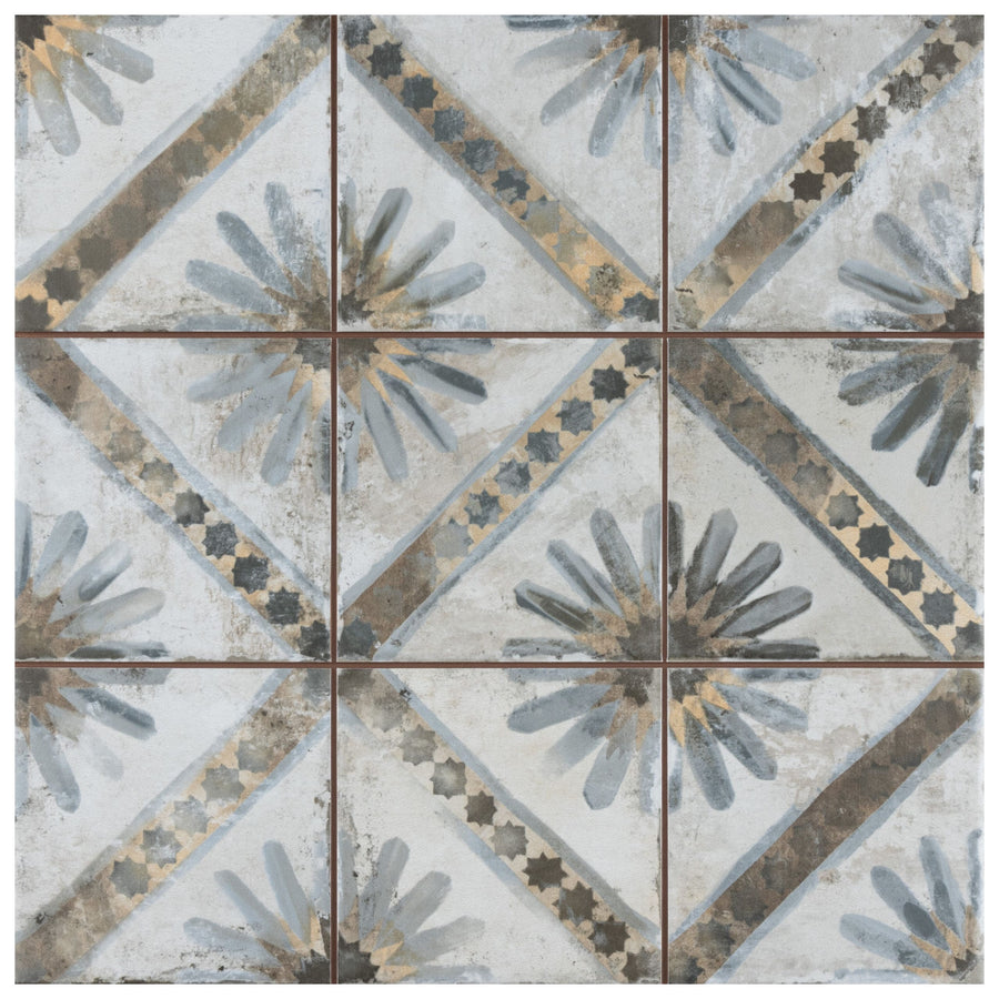 The Harmonia Kings 13x13 Patterned Tile showcases a vintage industrial look with diagonal stripes and stylized floral motifs in gray, blue, and beige tones, arranged in a 3x3 grid for floor or wall use.