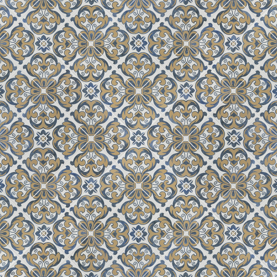 The Harmonia Royal 13x13 Patterned Tile features blue, beige, and gray floral and geometric designs in symmetrical tiles, offering a classic ceramic look with a vintage encaustic tile feel for floors or walls.