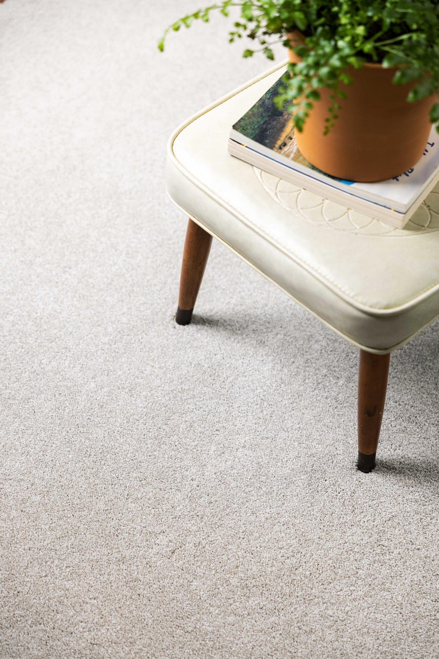 A potted fern and a book sit on a small, cream stool with wooden legs, placed atop the Harmonious II Family Friendly Carpet for natural insulation and added comfort.