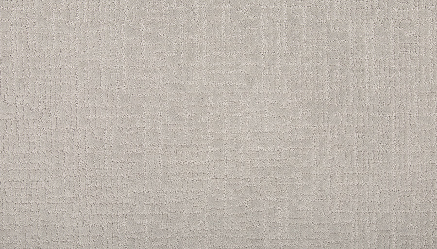 Delicate Features Family Friendly Carpet in light gray has a soft, woven texture with a subtle, irregular grid pattern. Raised lines form a gentle, abstract geometric design for an eco-friendly, family-friendly look.