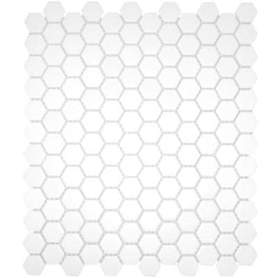 The Hexagon 1" Matte Mosaic Tile features a sheet of white hexagon tiles in a honeycomb pattern, separated by light gray grout lines.
