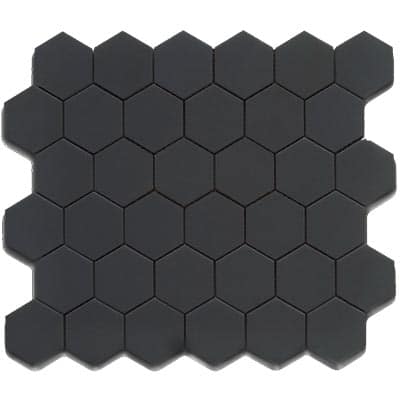 The Hexagon 2" Matte Mosaic Tile features black matte hexagonal tiles arranged in a honeycomb pattern, forming a modern square sheet with staggered edges.