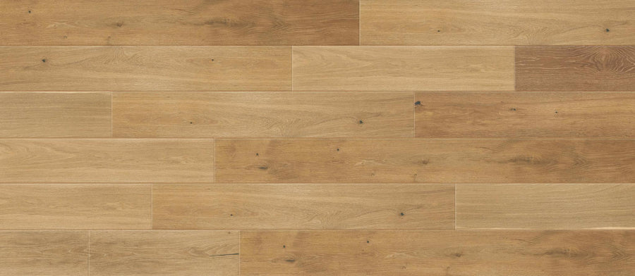 Ellington European Oak 8 5/8" Hardwood features wide, light-brown planks in a staggered pattern, highlighting natural grain, knots, and subtle color variations for clean elegance.